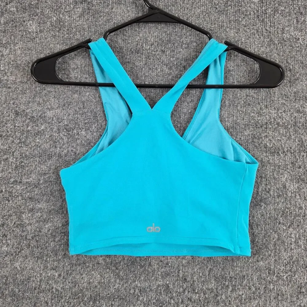 Alo Yoga Sports Bra Womens XS Real Bra Tank Blue Crossback V Neck Longline Yoga